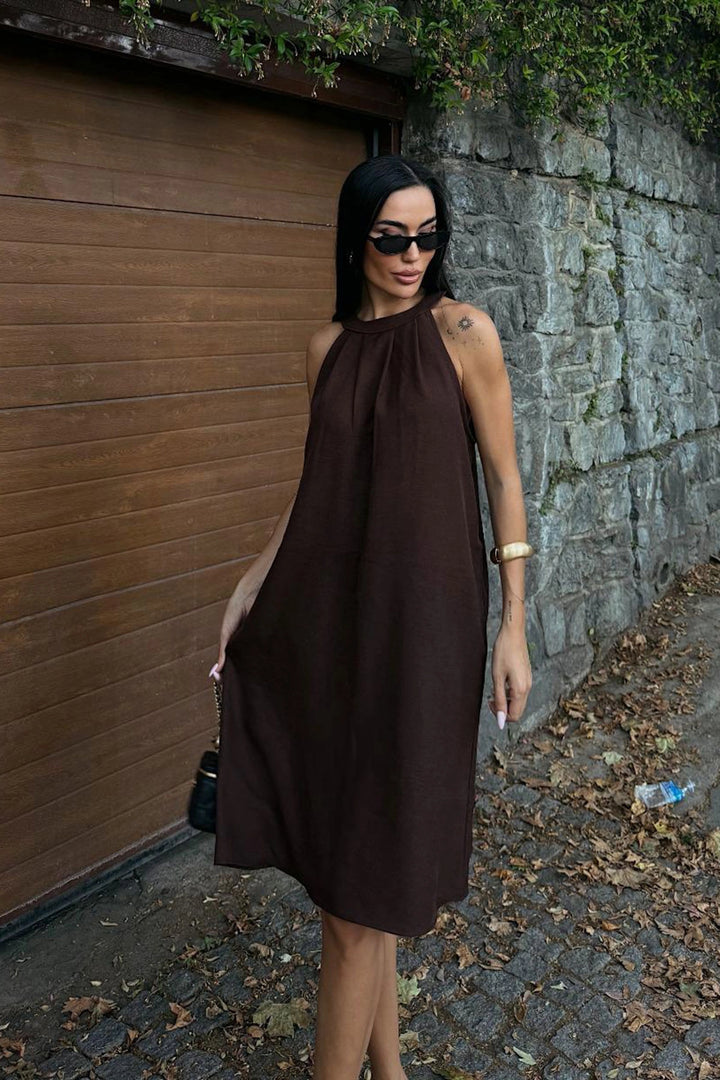 Brown Linen Woven Dress with Hidden Pockets BCDF-25255029 - Jackson