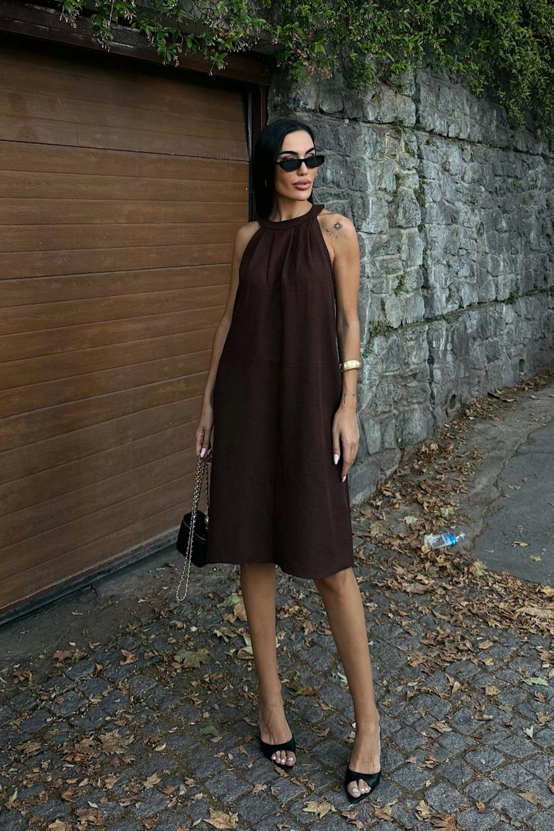 Brown Linen Woven Dress with Hidden Pockets BCDF-25255029 - Jackson