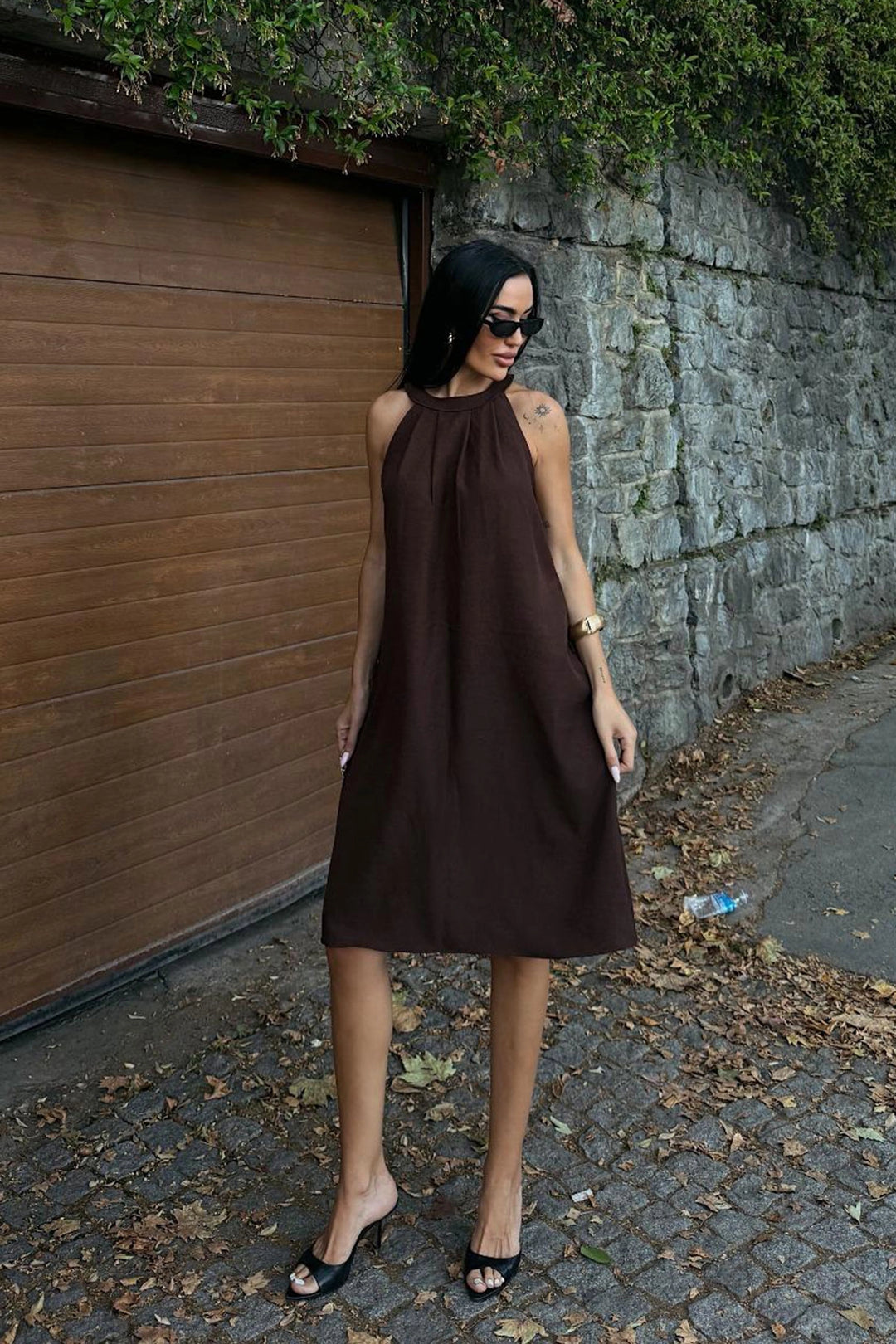Brown Linen Woven Dress with Hidden Pockets BCDF-25255029 - Jackson