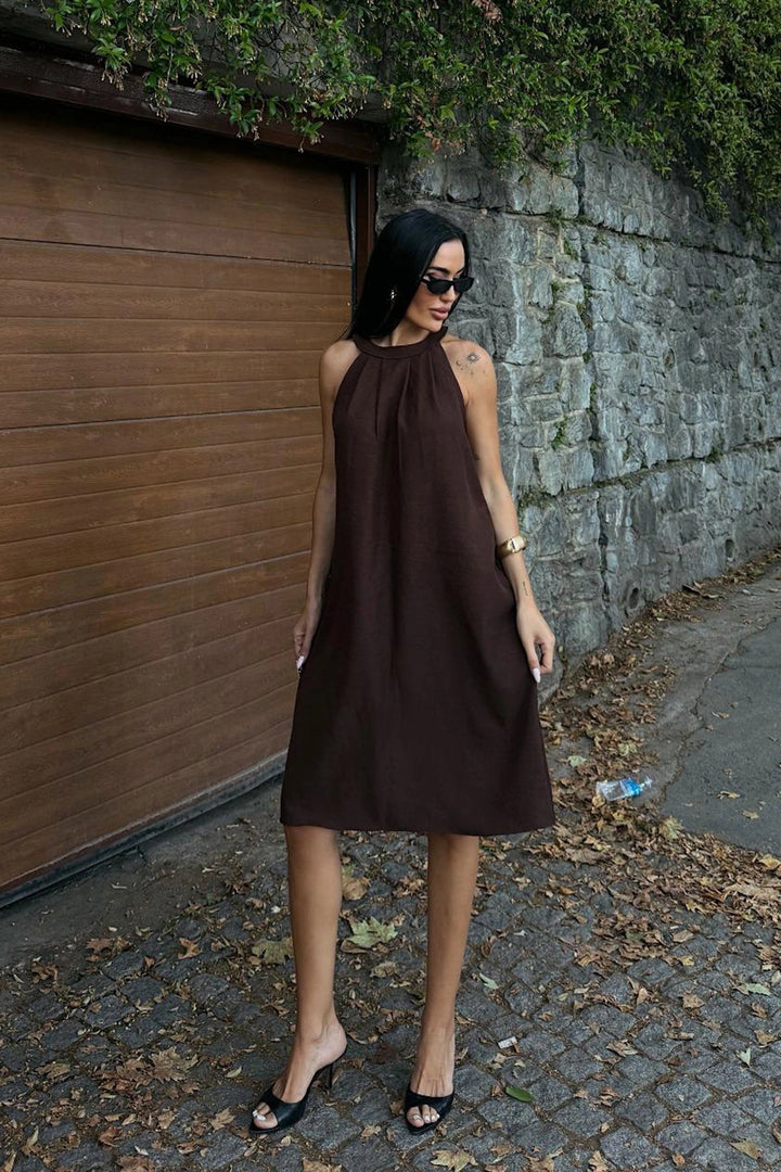 Brown Linen Woven Dress with Hidden Pockets BCDF-25255029 - Jackson