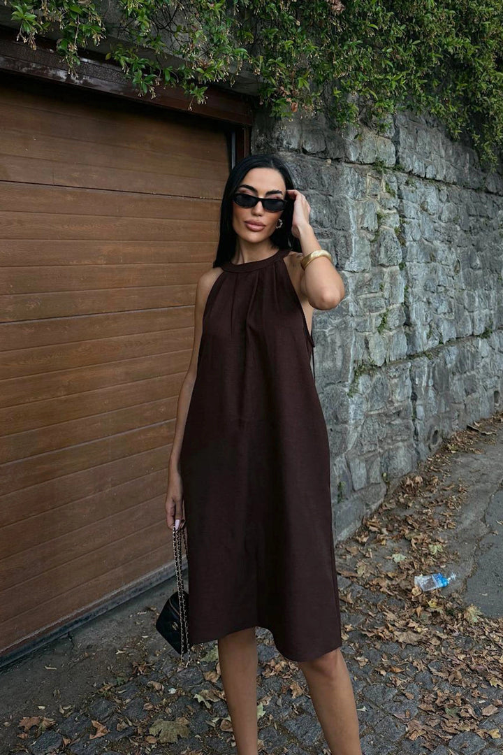 Brown Linen Woven Dress with Hidden Pockets BCDF-25255029 - Jackson