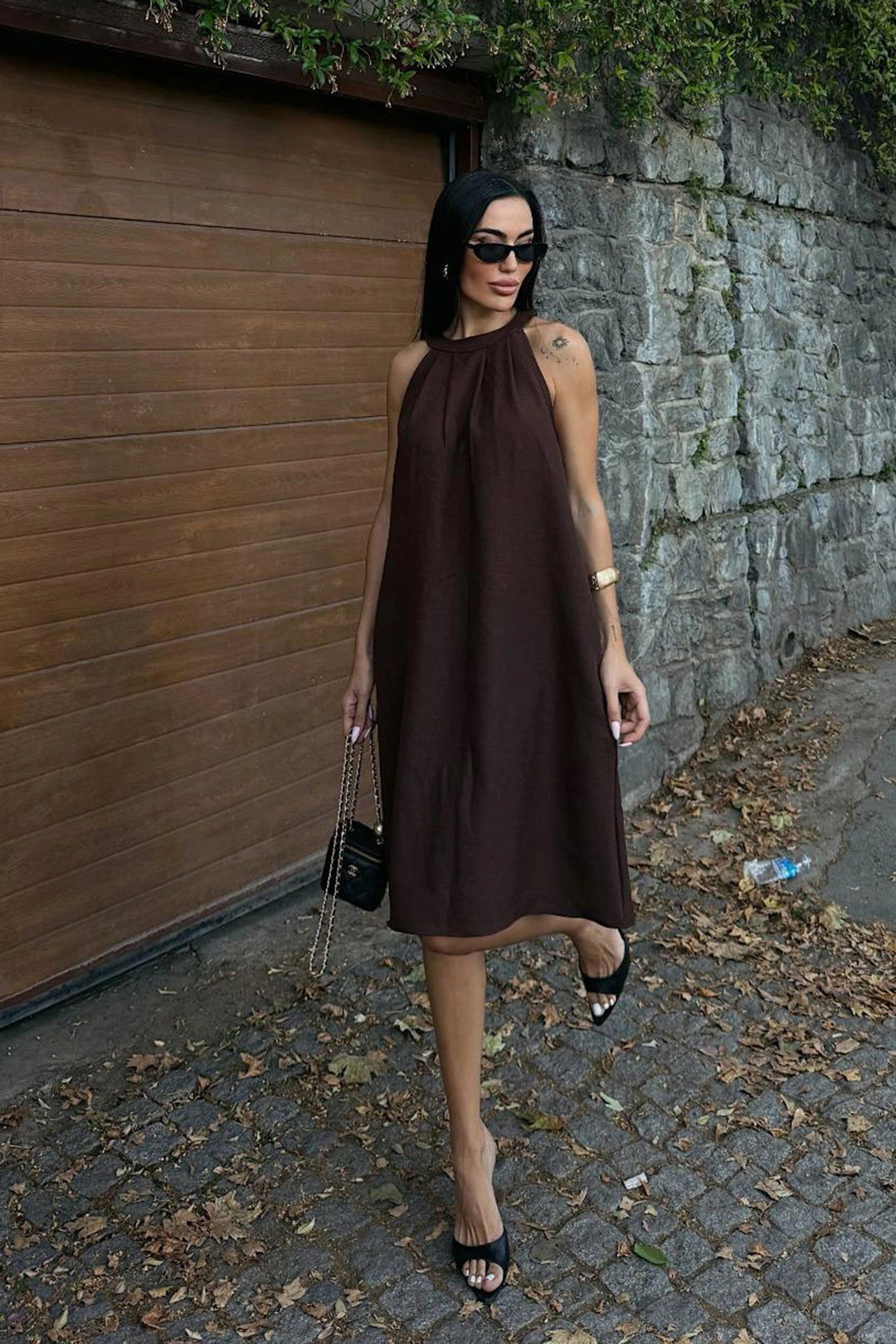 Brown Linen Woven Dress with Hidden Pockets BCDF-25255029 - Jackson