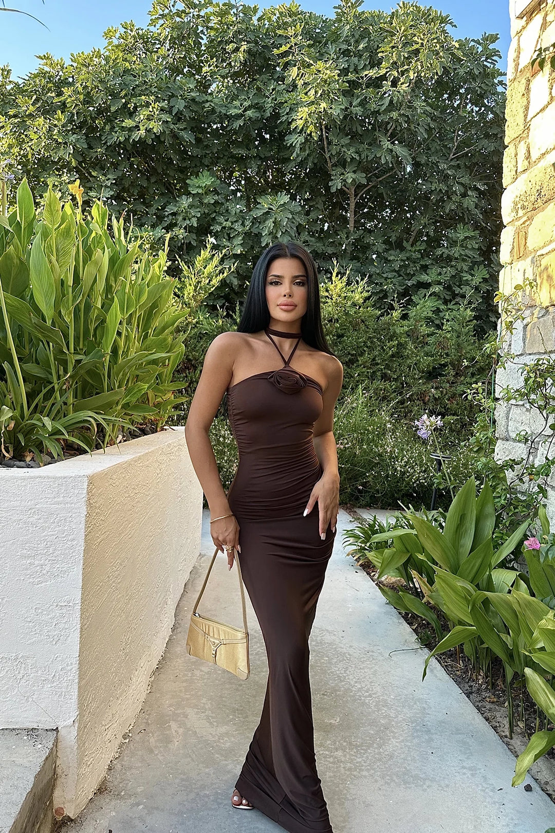 EYY Women Brown Rose Detail Tie Neck Dress - Porirua