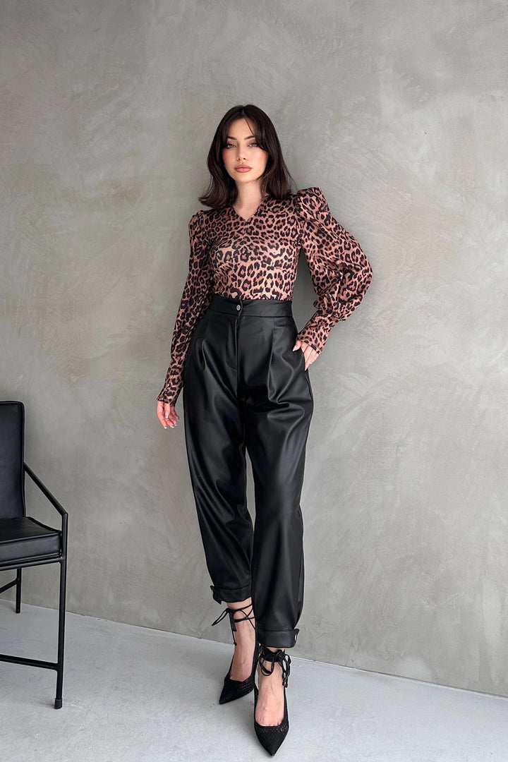 Brown Turtleneck Leopard Print Diver Blouse BCDF-242147 - Fort Collins