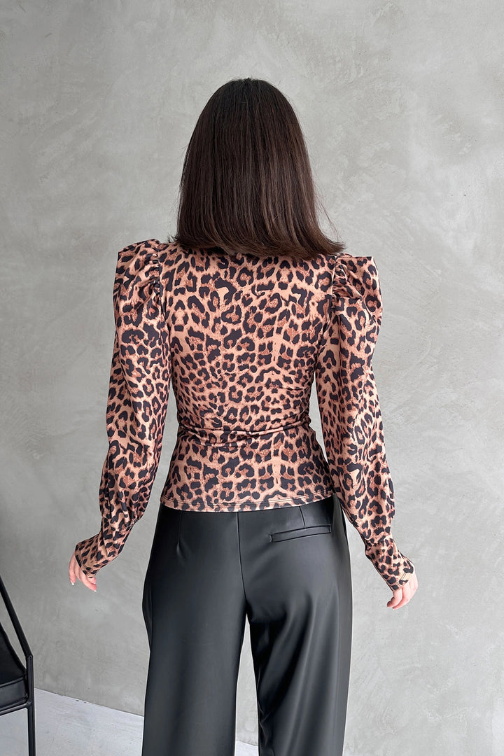 Brown Turtleneck Leopard Print Diver Blouse BCDF-242147 - Fort Collins