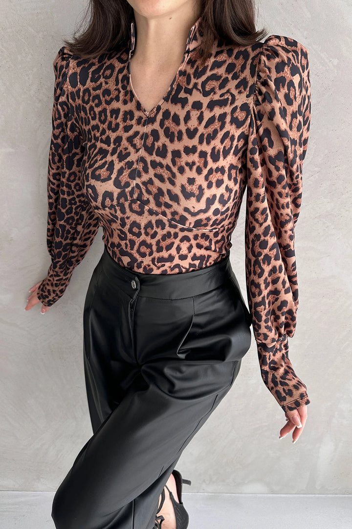 Brown Turtleneck Leopard Print Diver Blouse BCDF-242147 - Fort Collins