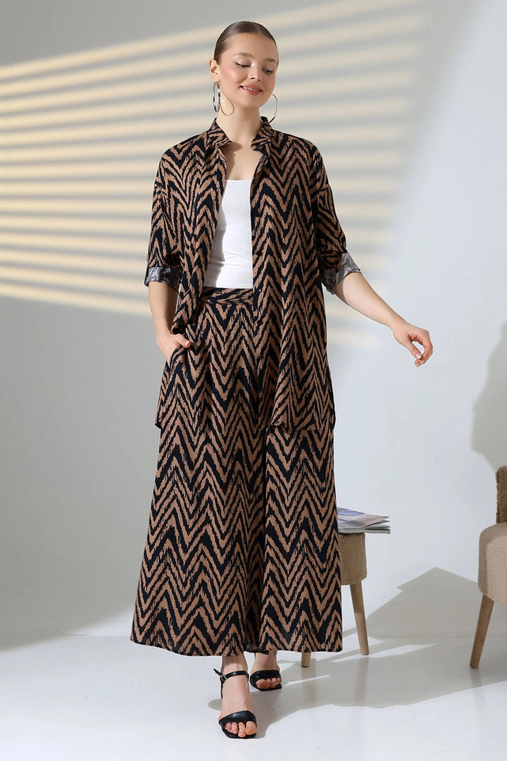 Brown Judge Collar Zigzag Patterned Shirt and Pants Woven Top Set BCVL-25V053 - Cambridge