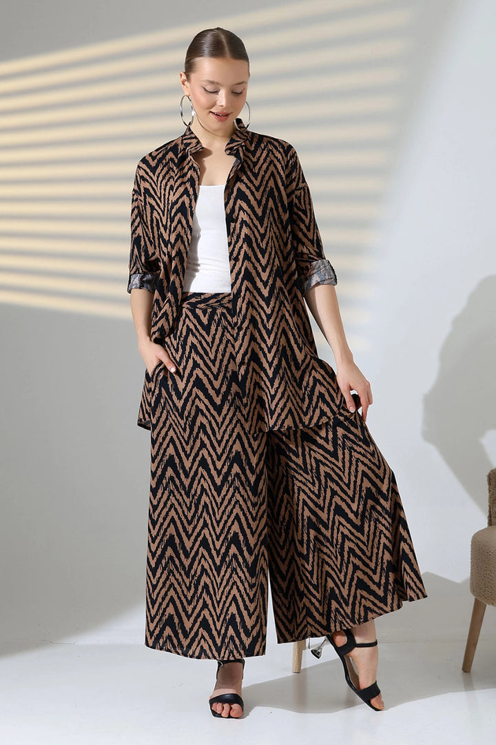Brown Judge Collar Zigzag Patterned Shirt and Pants Woven Top Set BCVL-25V053 - Cambridge