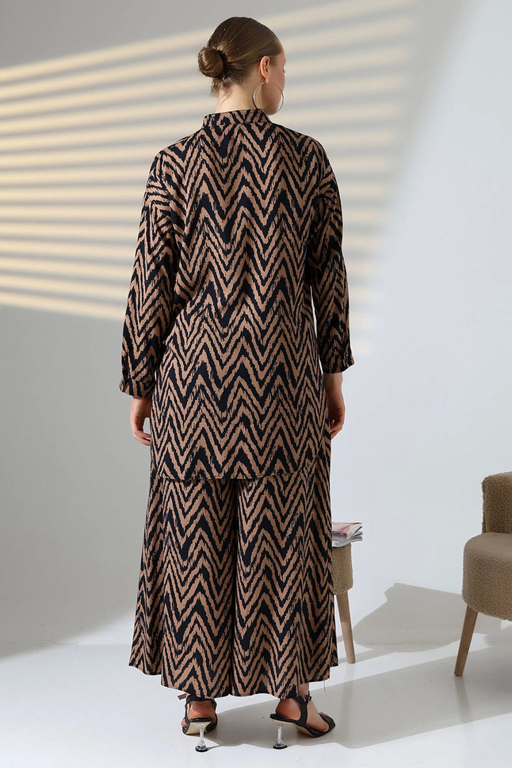 Brown Judge Collar Zigzag Patterned Shirt and Pants Woven Top Set BCVL-25V053 - Cambridge