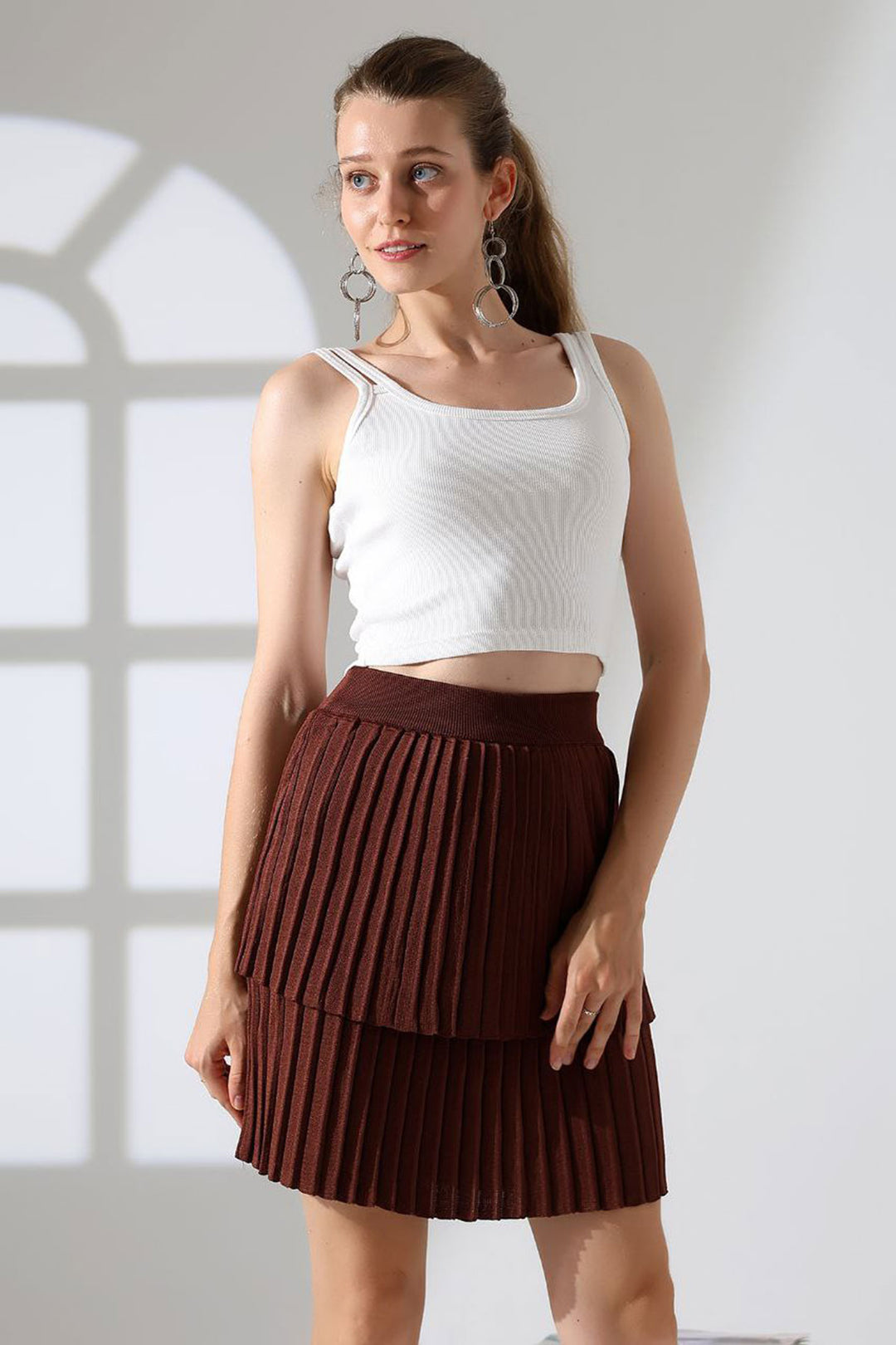 Brown Layered Pleated Knit Skirt BCES-252002 - Lacey