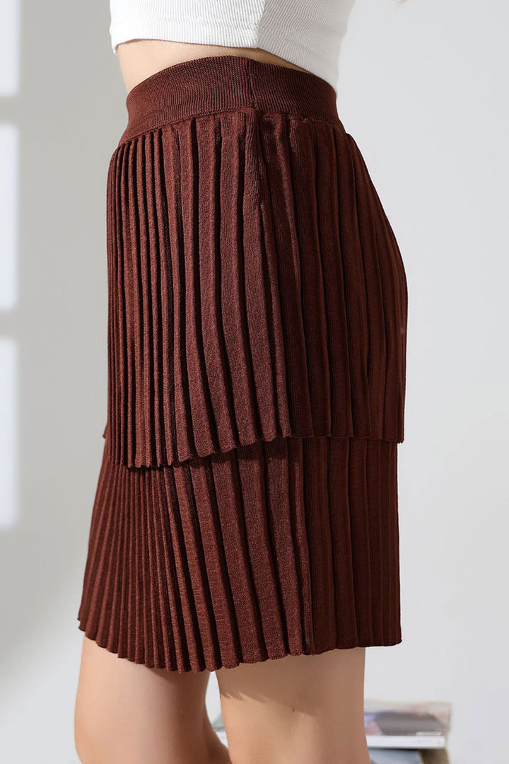 Brown Layered Pleated Knit Skirt BCES-252002 - Lacey