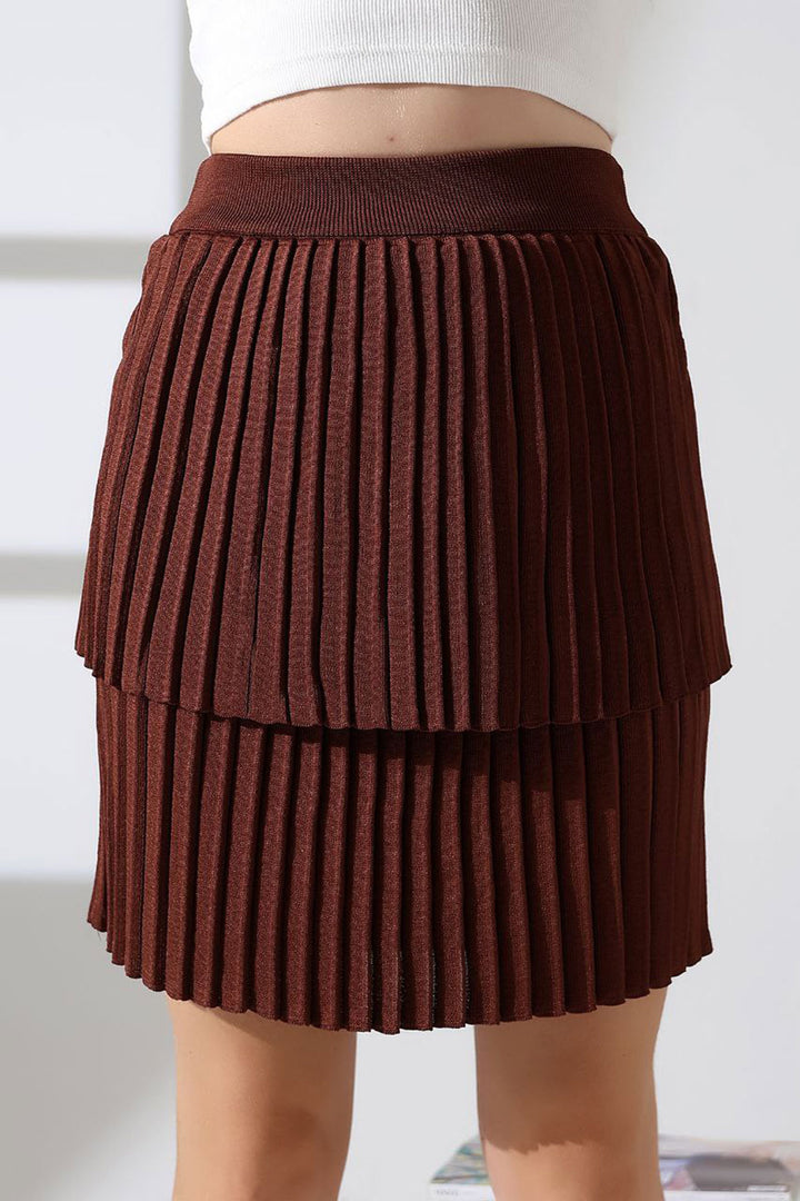 Brown Layered Pleated Knit Skirt BCES-252002 - Lacey