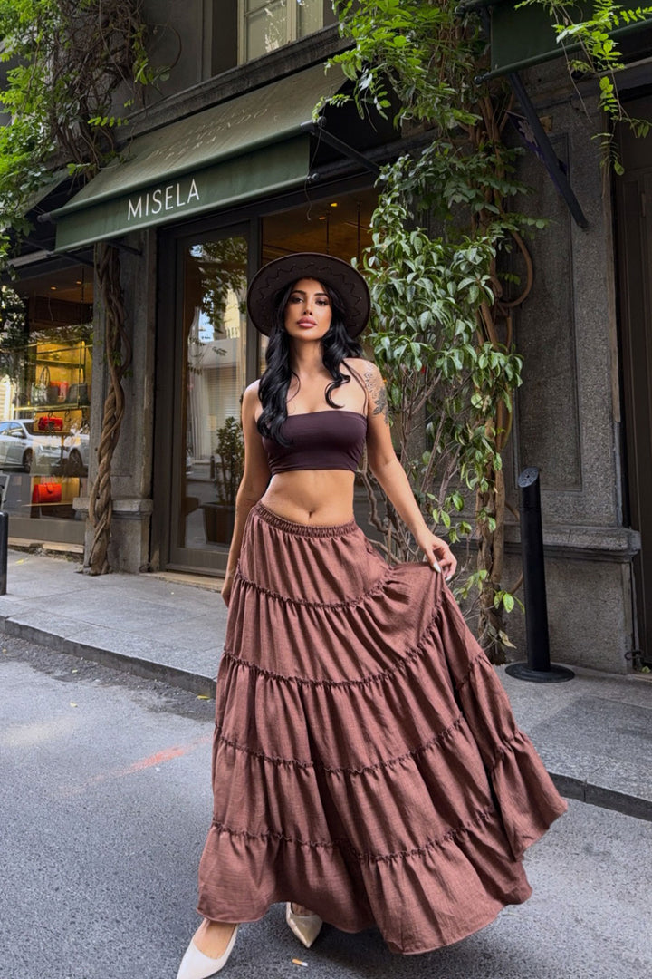 Brown Tiered Ruffle Elastic Waist Maxi Length Linen Woven Skirt BCBT-251014 - Ciudad Lerdo