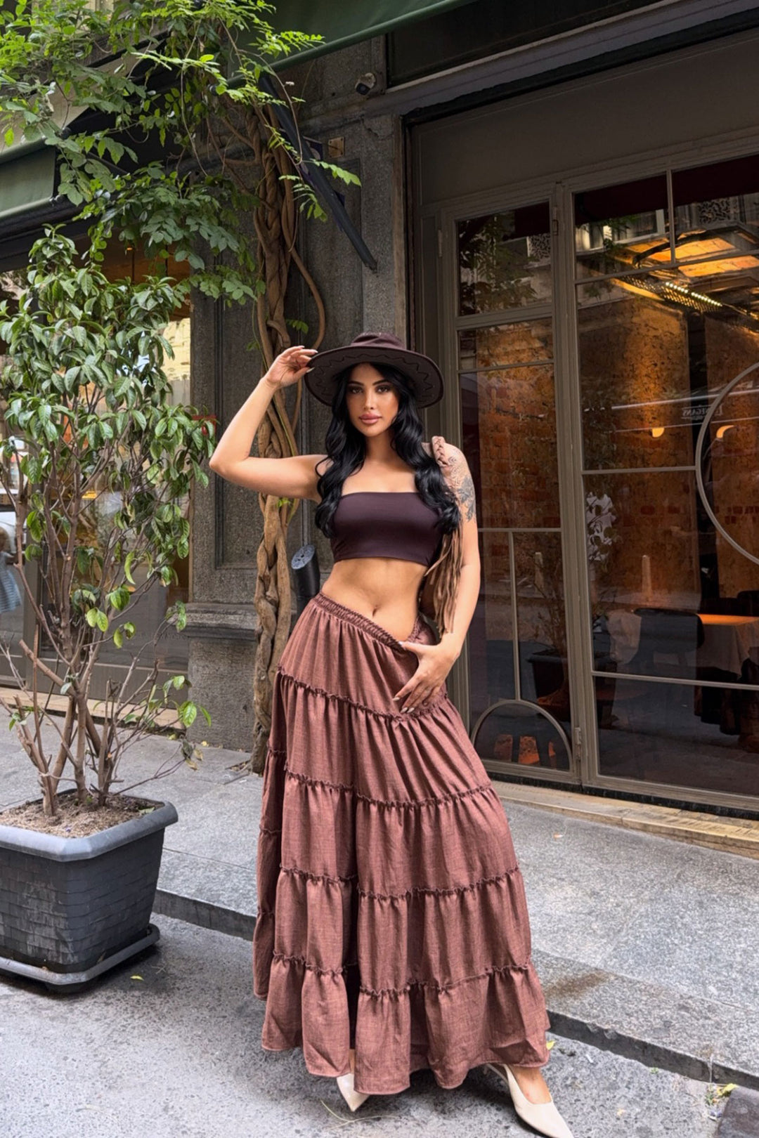 Brown Tiered Ruffle Elastic Waist Maxi Length Linen Woven Skirt BCBT-251014 - Ciudad Lerdo
