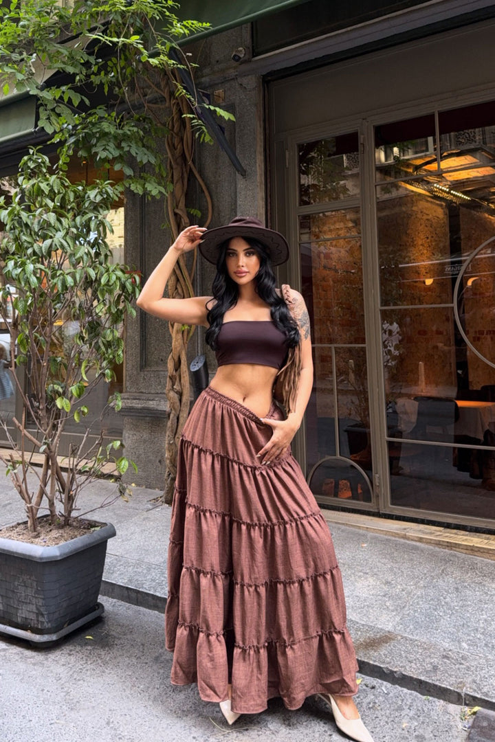 Brown Tiered Ruffle Elastic Waist Maxi Length Linen Woven Skirt BCBT-251014 - Ciudad Lerdo