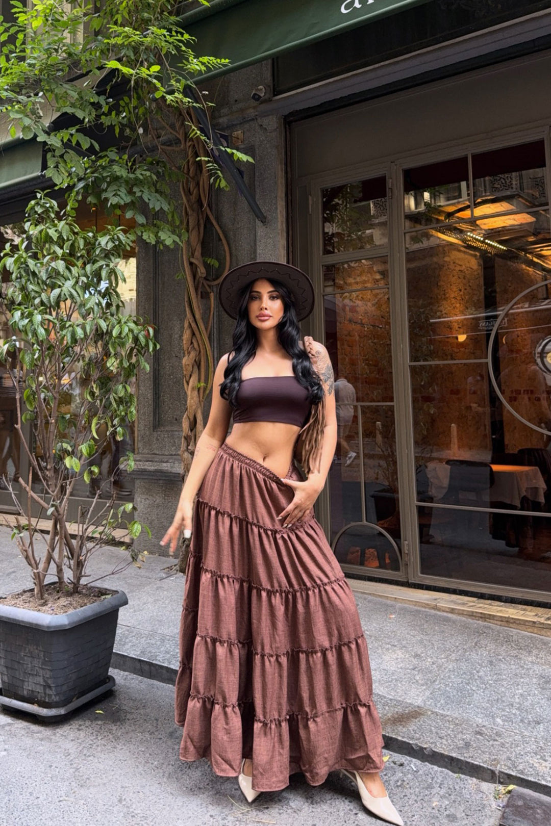 Brown Tiered Ruffle Elastic Waist Maxi Length Linen Woven Skirt BCBT-251014 - Ciudad Lerdo