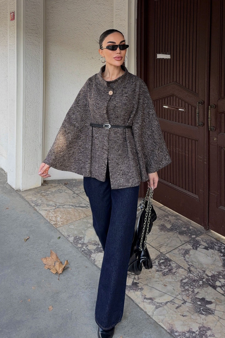 Brown Belt Detailed Cape Coat BCHNV-251224 - Lisbon
