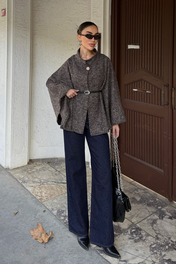 Brown Belt Detailed Cape Coat BCHNV-251224 - Lisbon