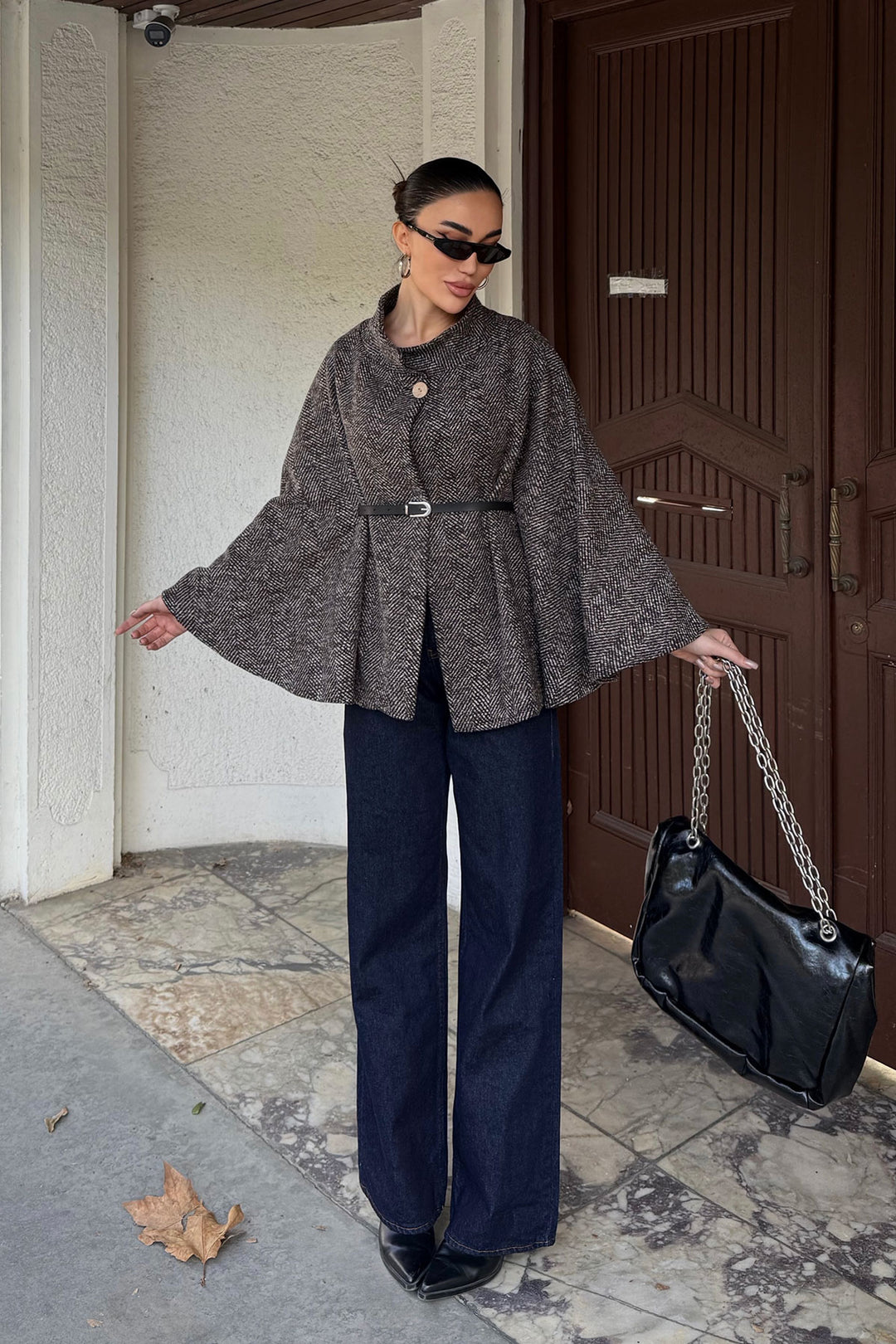 Brown Belt Detailed Cape Coat BCHNV-251224 - Lisbon