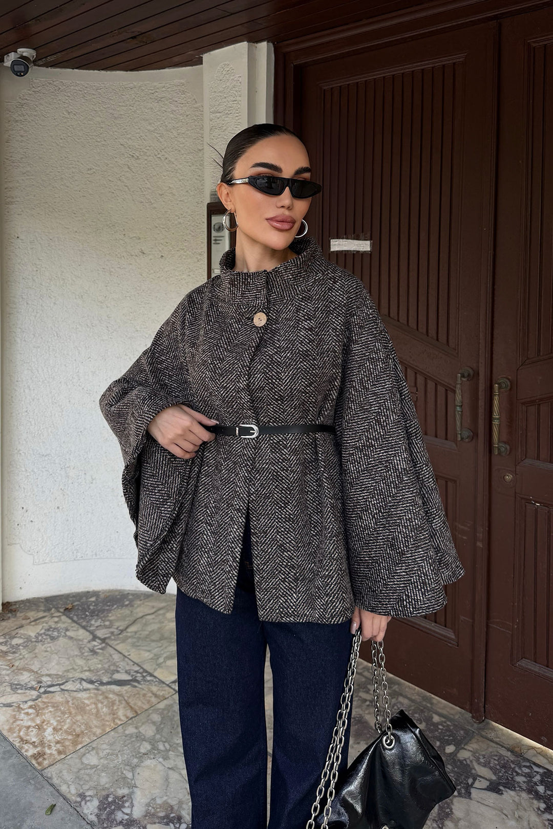 Brown Belt Detailed Cape Coat BCHNV-251224 - Lisbon