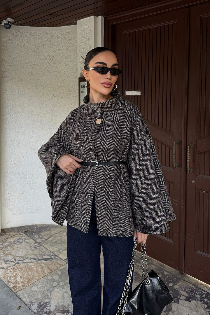 Brown Belt Detailed Cape Coat BCHNV-251224 - Lisbon