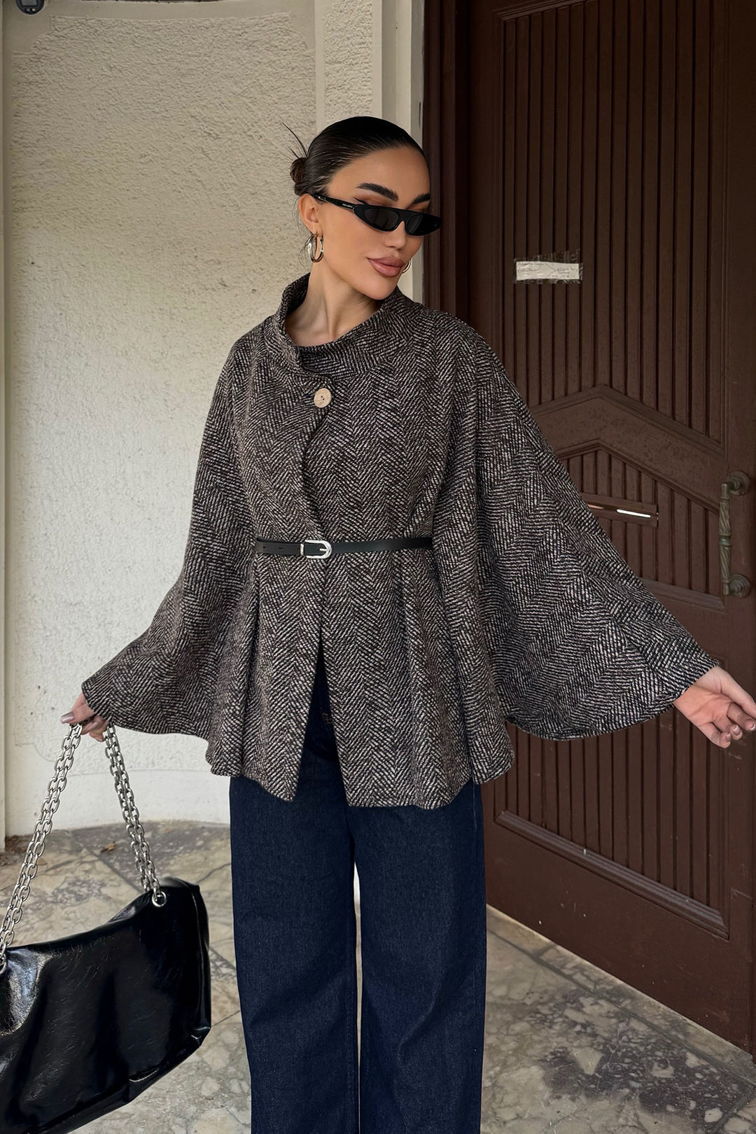 Brown Belt Detailed Cape Coat BCHNV-251224 - Lisbon