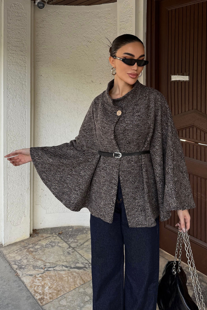 Brown Belt Detailed Cape Coat BCHNV-251224 - Lisbon