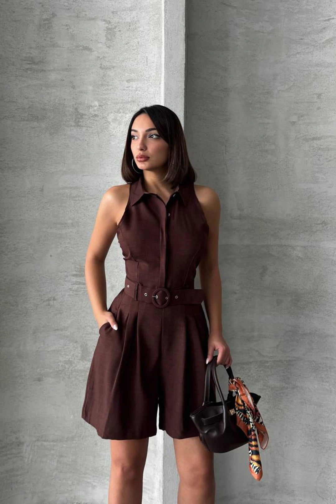 Brown Belted Double Pocket Collared Woven Jumpsuit BCHN-255010 - Agía Paraskeví
