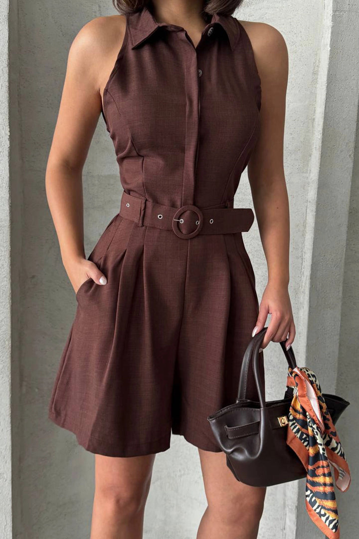Brown Belted Double Pocket Collared Woven Jumpsuit BCHN-255010 - Agía Paraskeví