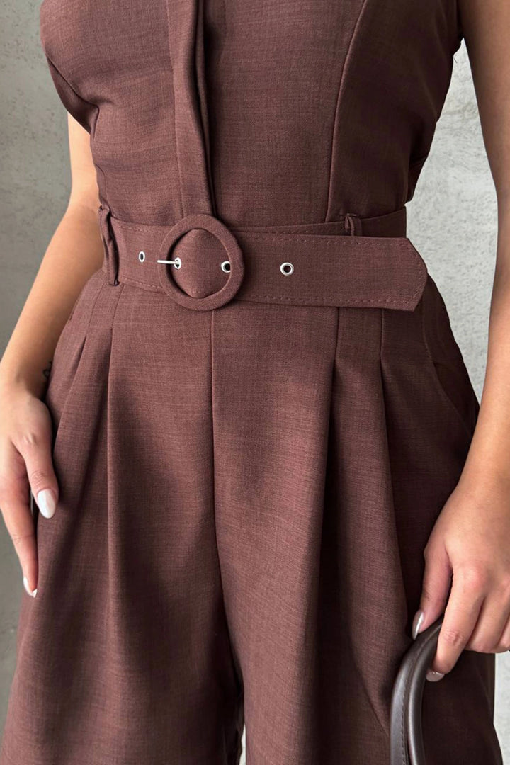 Brown Belted Double Pocket Collared Woven Jumpsuit BCHN-255010 - Agía Paraskeví