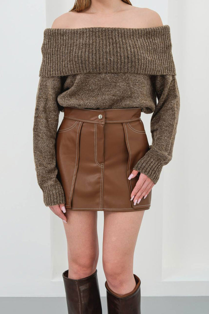 Brown Contrast Stitch Detail Shorts Skirt BCHN-25W260015 - Brampton