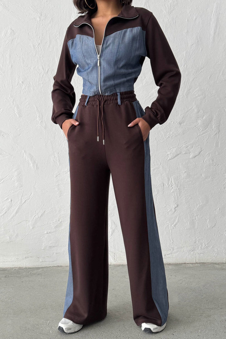 Brown Denim Fabric Garnished Soft Textured Pants Jacket Suit BCHN-25261021 - Shoreline