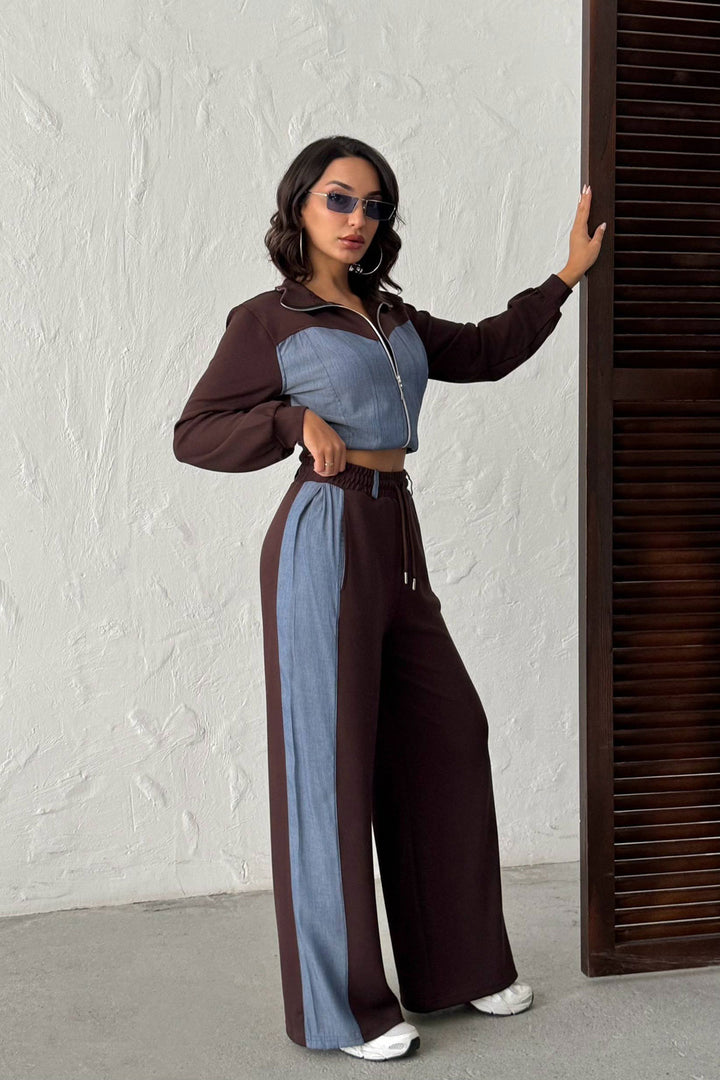 Brown Denim Fabric Garnished Soft Textured Pants Jacket Suit BCHN-25261021 - Shoreline