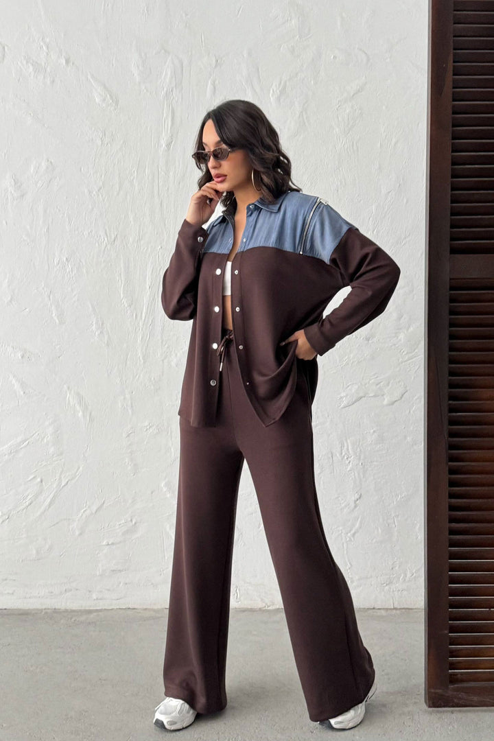 Brown Denim Fabric Garnished Soft Textured Pants Shirt Set BCHN-25261022 - Saratoga Springs