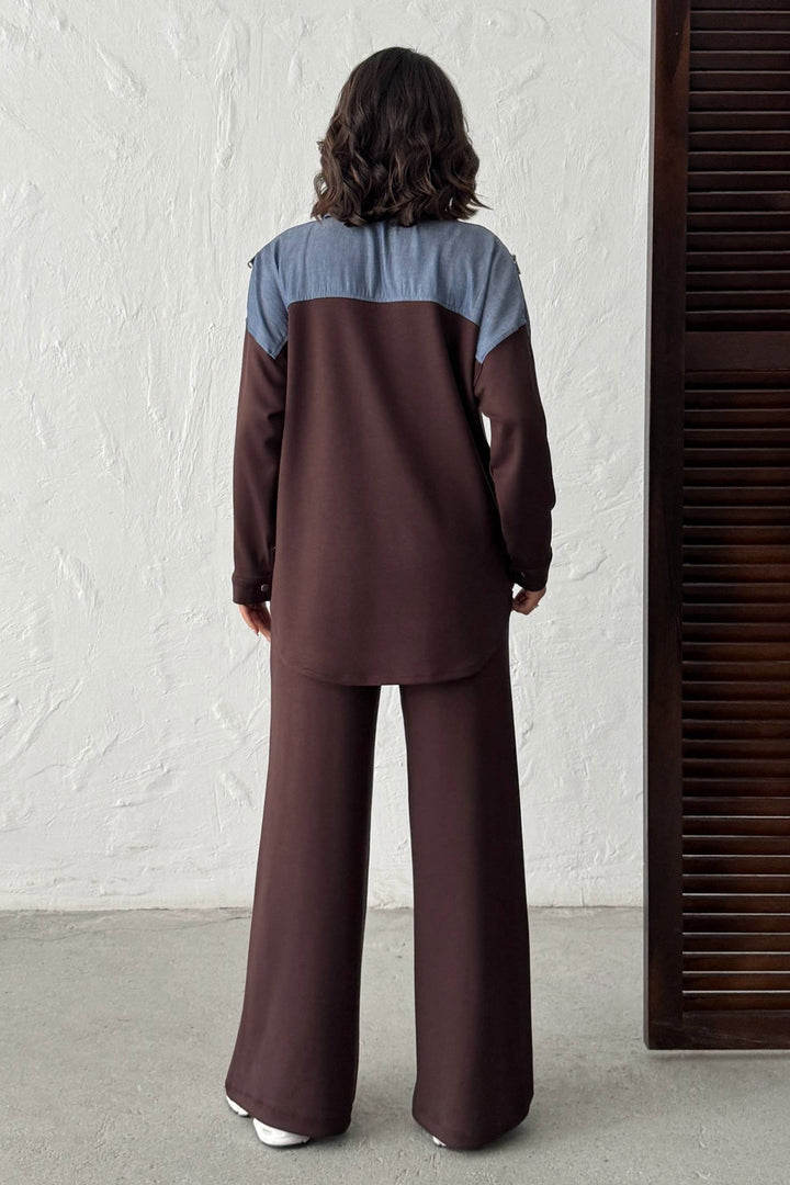 Brown Denim Fabric Garnished Soft Textured Pants Shirt Set BCHN-25261022 - Saratoga Springs
