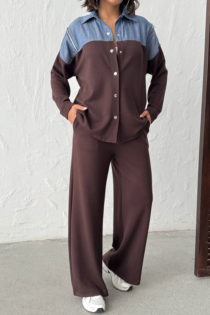 Brown Denim Fabric Garnished Soft Textured Pants Shirt Set BCHN-25261022 - Saratoga Springs