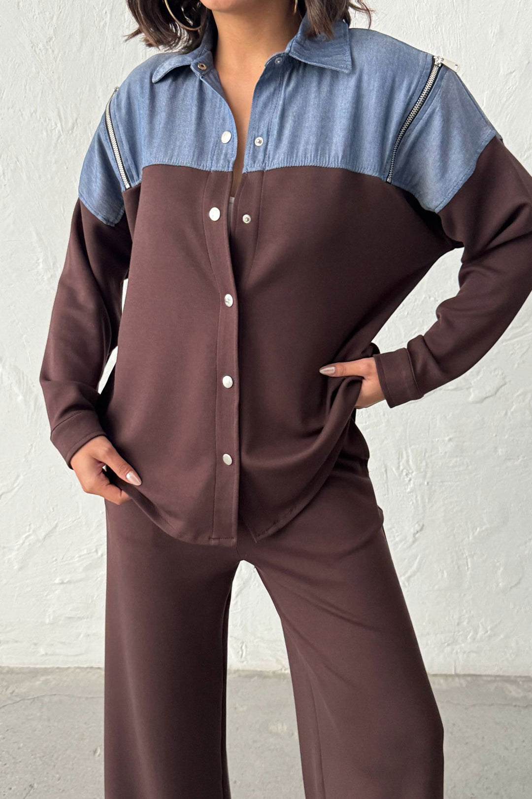 Brown Denim Fabric Garnished Soft Textured Pants Shirt Set BCHN-25261022 - Saratoga Springs