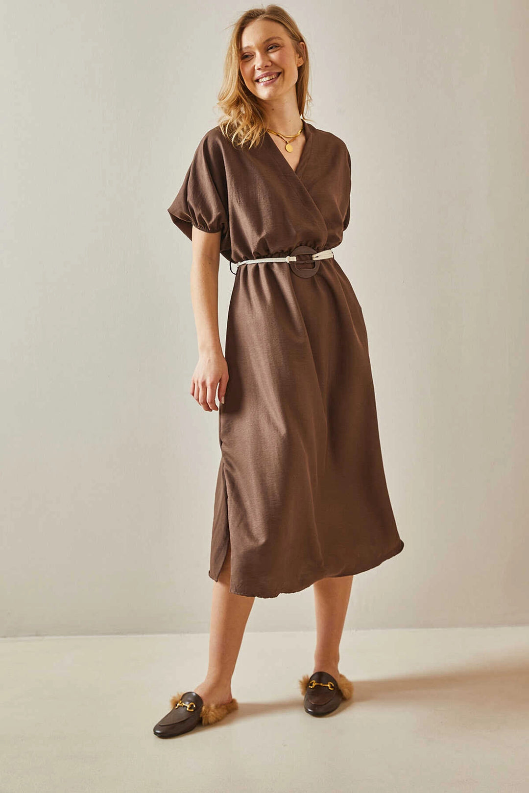 Brown Double Breasted Balloon Sleeve Straw Belted Woven Dress BC241066 - Alhambra