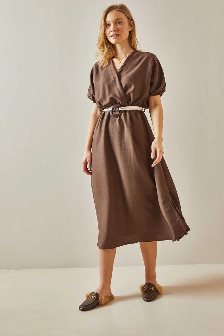 Brown Double Breasted Balloon Sleeve Straw Belted Woven Dress BC241066 - Alhambra