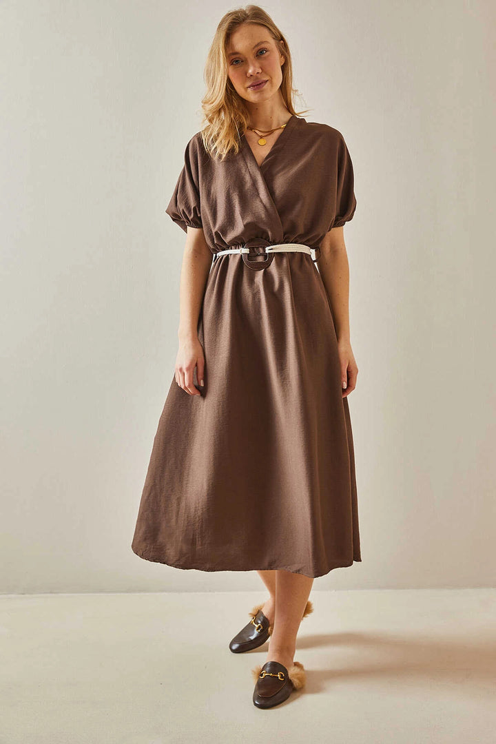 Brown Double Breasted Balloon Sleeve Straw Belted Woven Dress BC241066 - Alhambra
