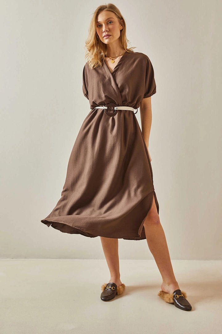 Brown Double Breasted Balloon Sleeve Straw Belted Woven Dress BC241066 - Alhambra
