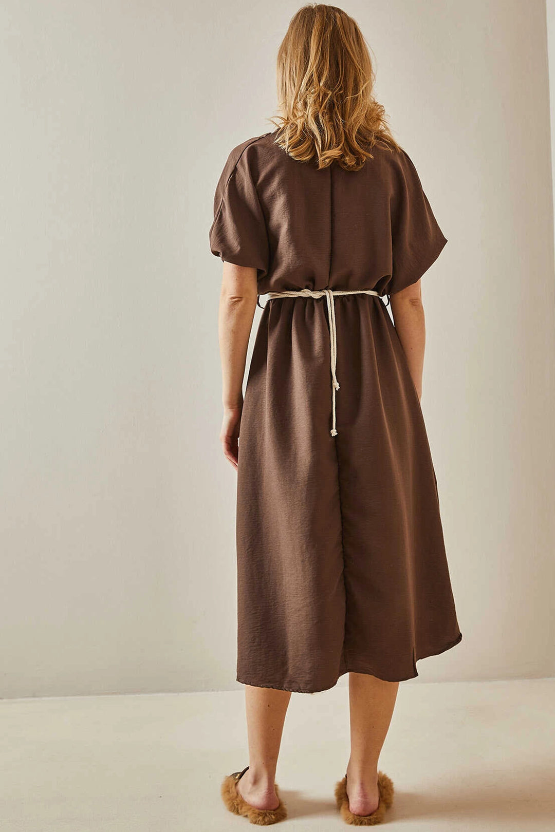 Brown Double Breasted Balloon Sleeve Straw Belted Woven Dress BC241066 - Alhambra