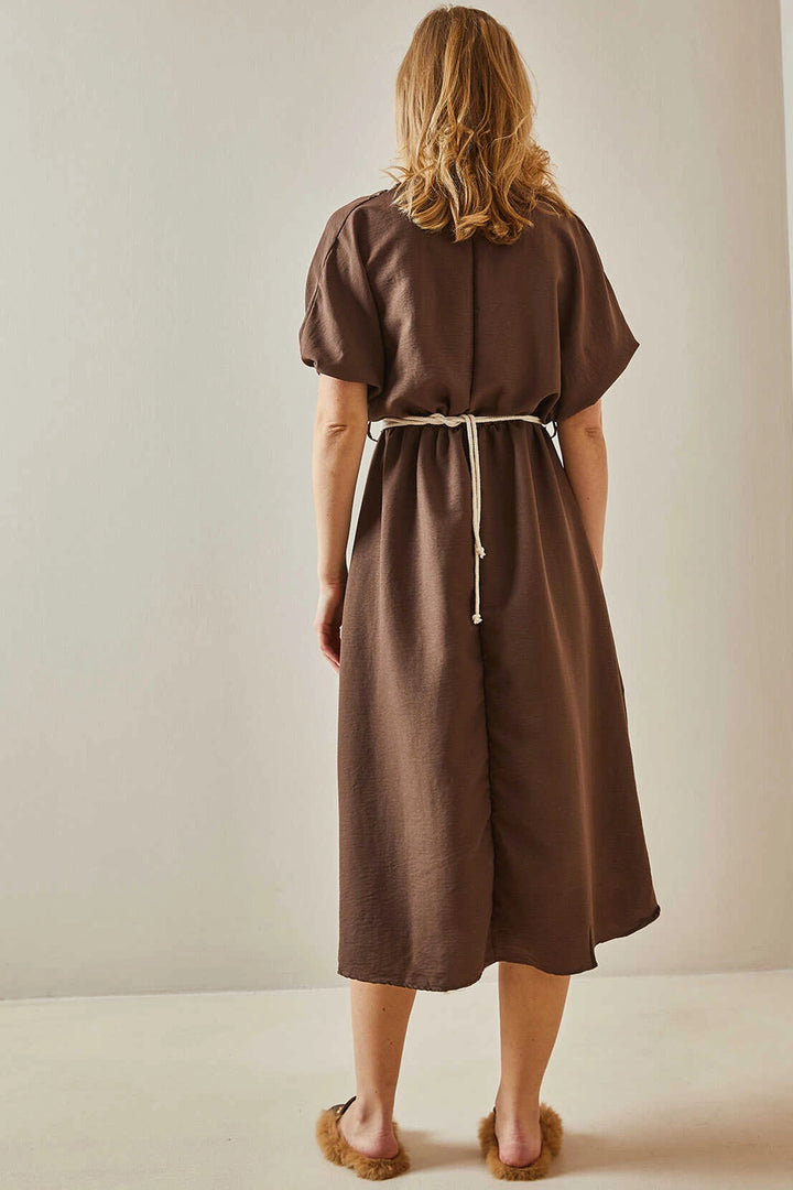 Brown Double Breasted Balloon Sleeve Straw Belted Woven Dress BC241066 - Alhambra