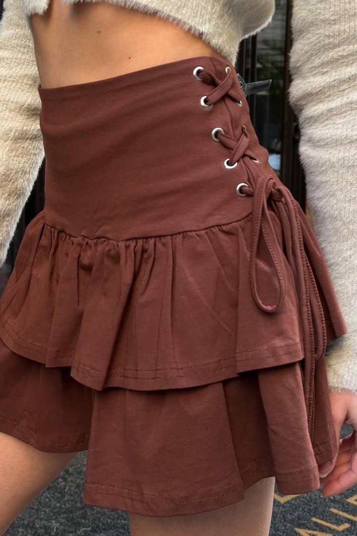 Brown Bird Eye Tie Detailed Layered Ruffle Woven Skirt BCHZCK-251259 - Pasadena