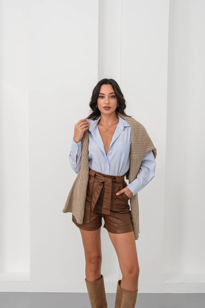 Brown Belted Wide Pocket Shorts BCHN-25260086 - Myrnohrad