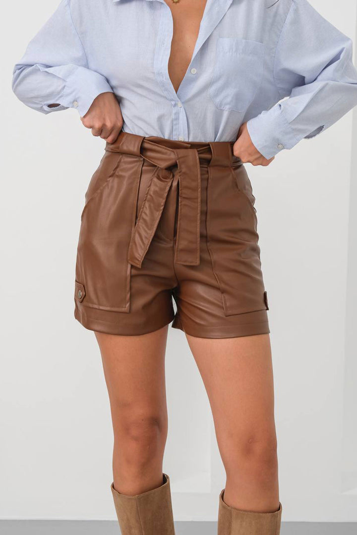 Brown Belted Wide Pocket Shorts BCHN-25260086 - Myrnohrad