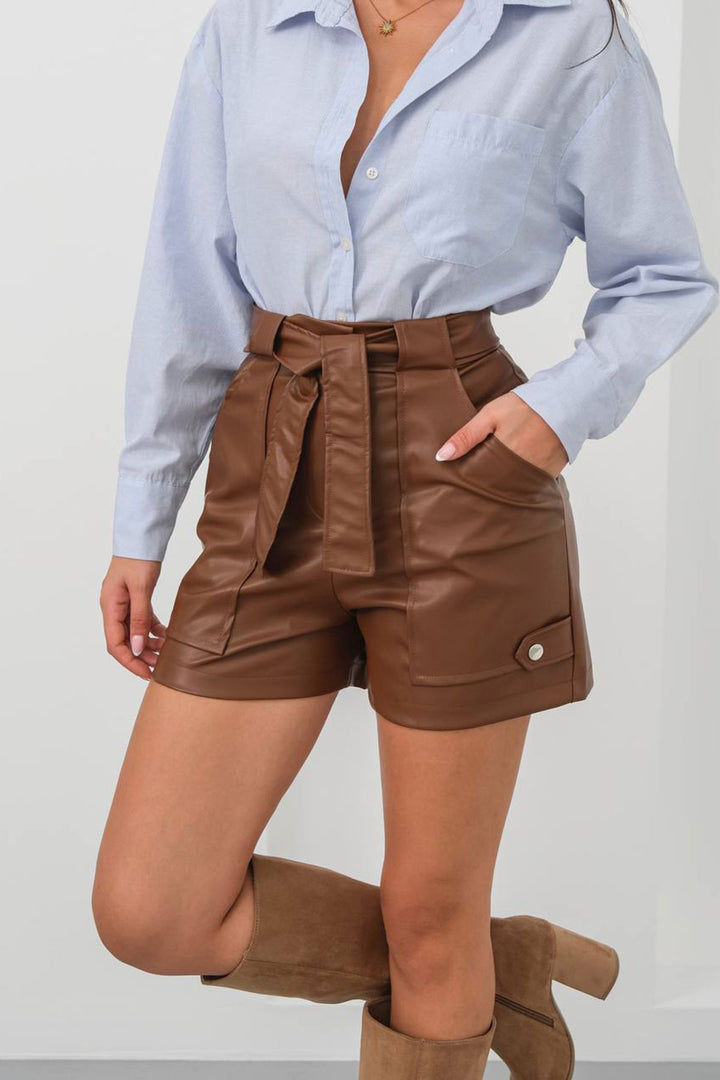Brown Belted Wide Pocket Shorts BCHN-25260086 - Myrnohrad