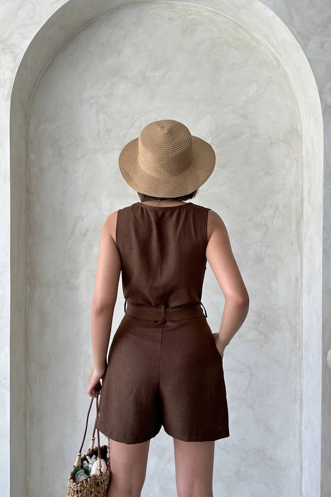 Brown Belted Pleated Buttoned Shorts Jumpsuit BCHN-25255055 - Federal Way