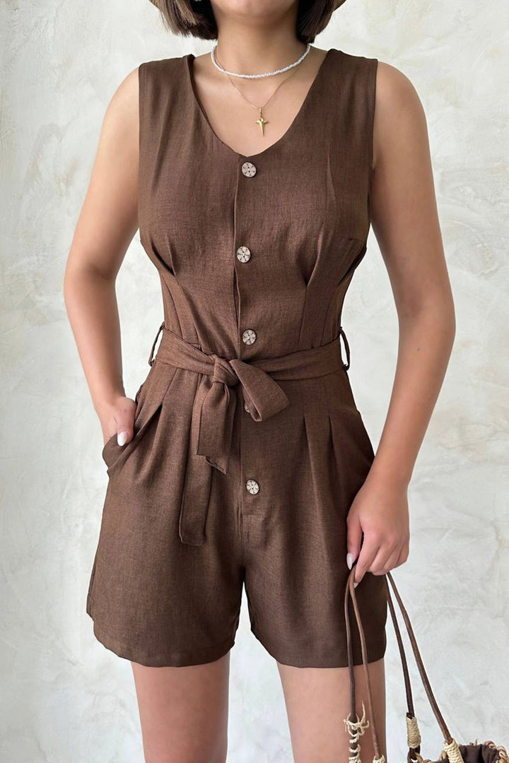 Brown Belted Pleated Buttoned Shorts Jumpsuit BCHN-25255055 - Federal Way