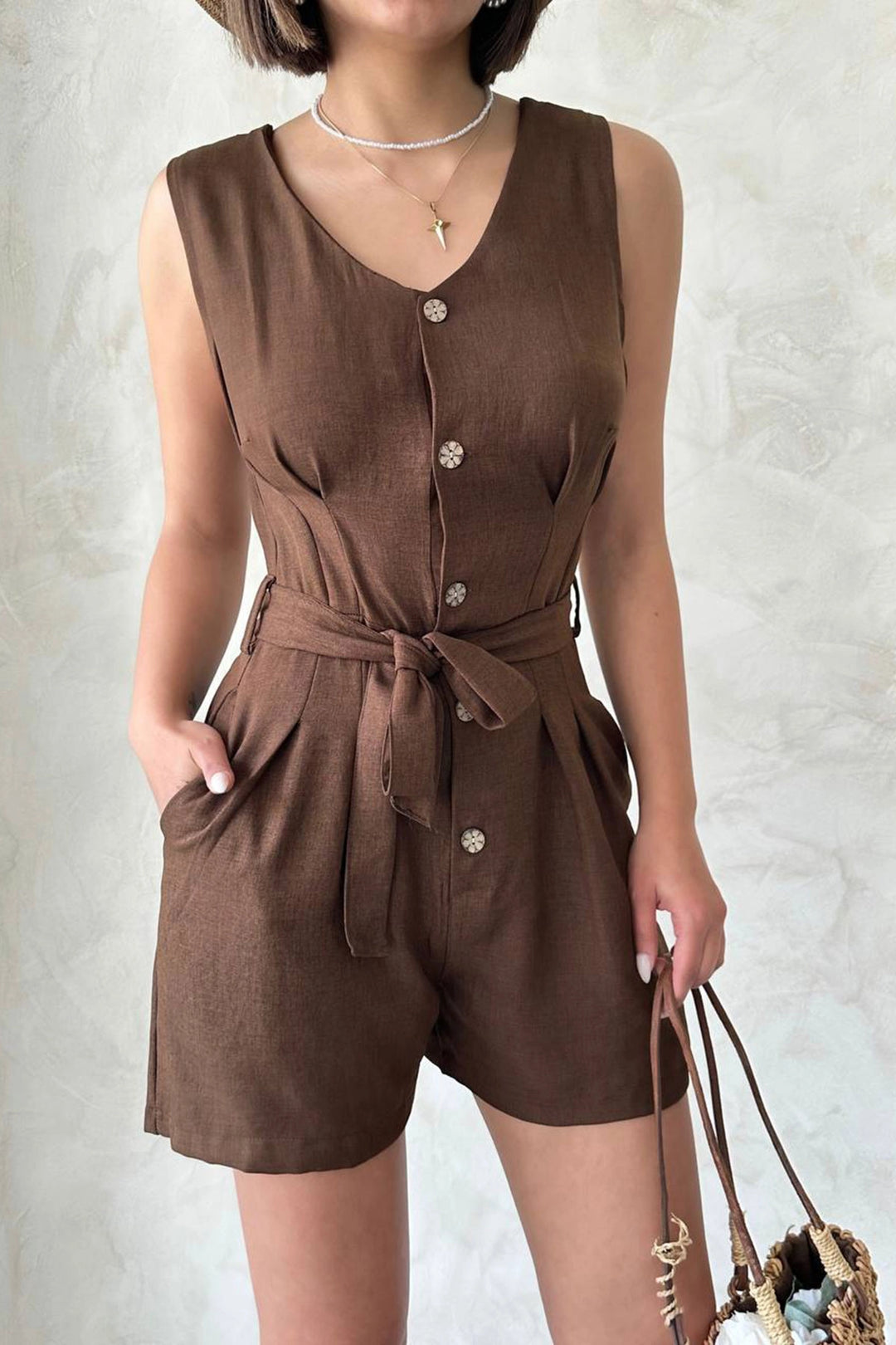 Brown Belted Pleated Buttoned Shorts Jumpsuit BCHN-25255055 - Federal Way